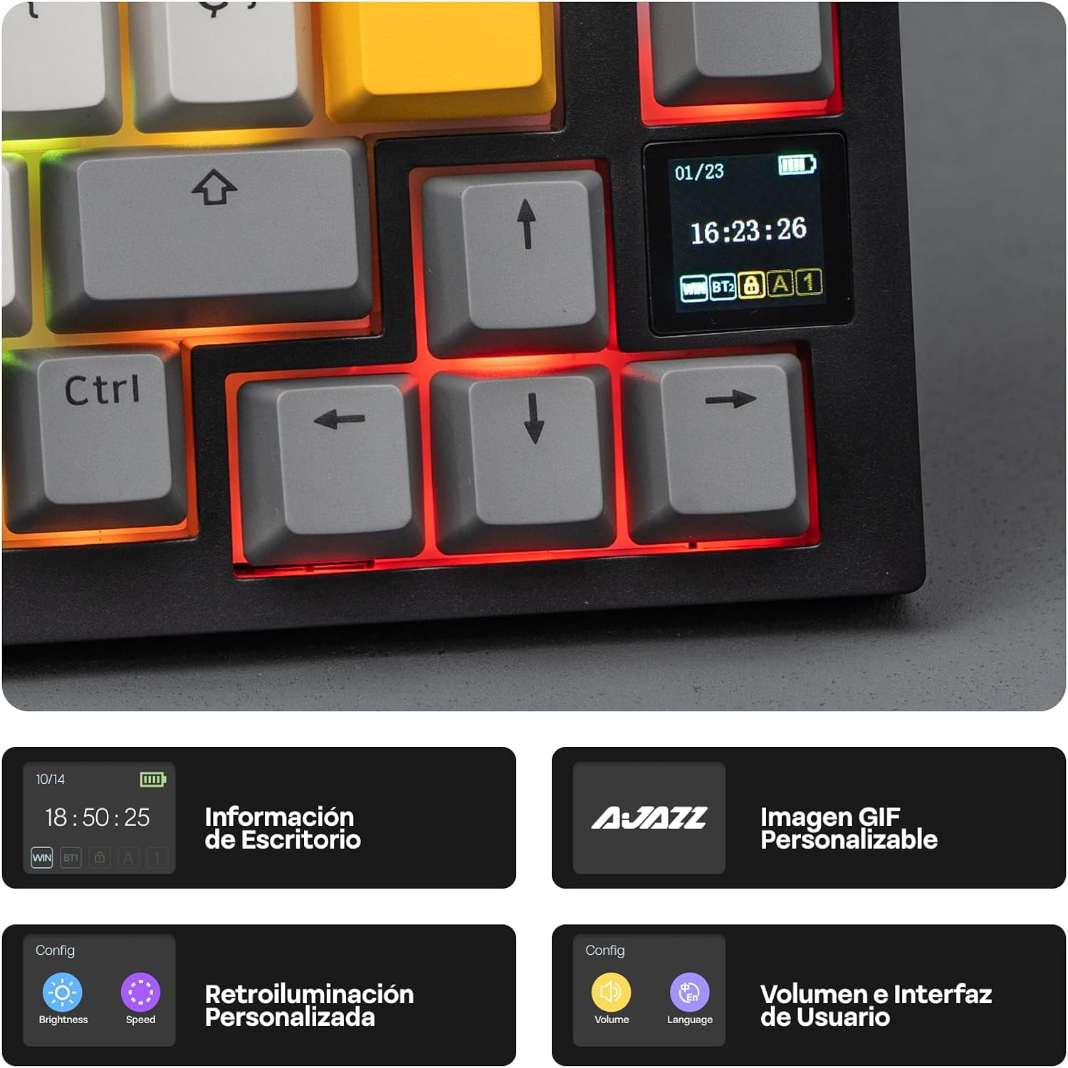 Detalle de EPOMAKER Ajazz AK820 Pro ISO-ES: Teclado Mecánico Inalámbrico 75% con Pantalla TFT, Perilla y RGB para PC/Mac