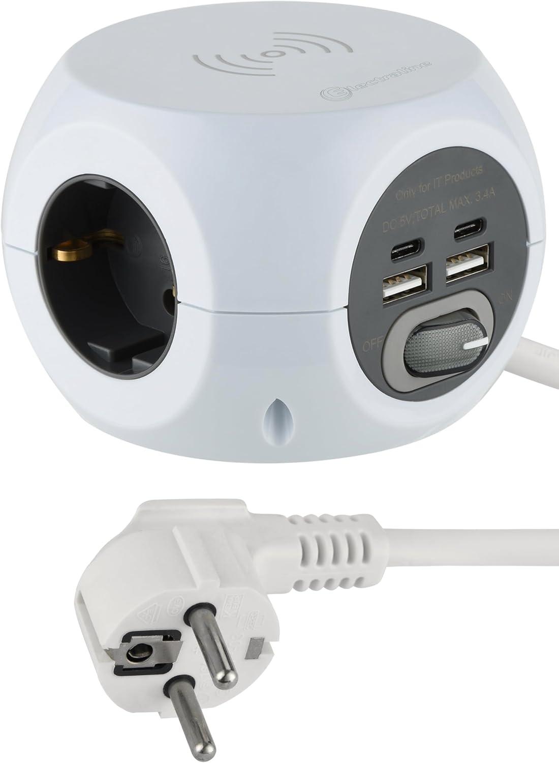 Detalle de Electraline 62079 Mini Cube – listwa z ładowarką Qi, 3 gniazdami i 3 portami USB