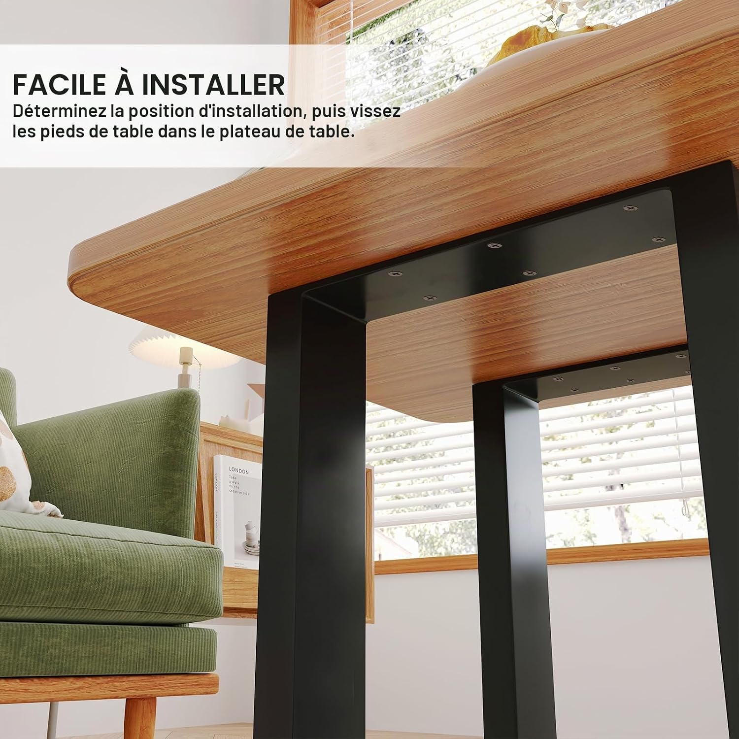 Detalle de INMOZATA Lot de 2 Pieds de Table Métal 40 cm – 70x30 mm, acier brut avec protecteur de sol et accessoires