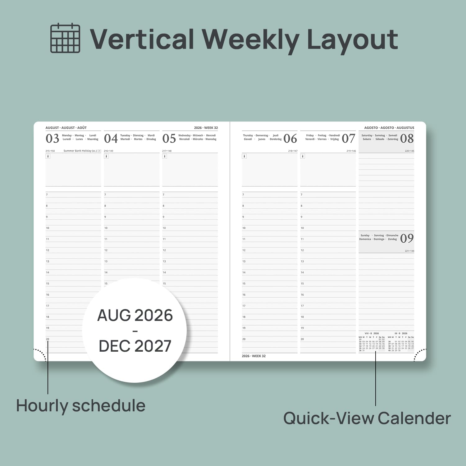 Detalle de POPRUN 2026-2027 Academic Diary Week to View Large (Blue) – 26.5 x 21.5 cm, Aug 2026–Dec 2027