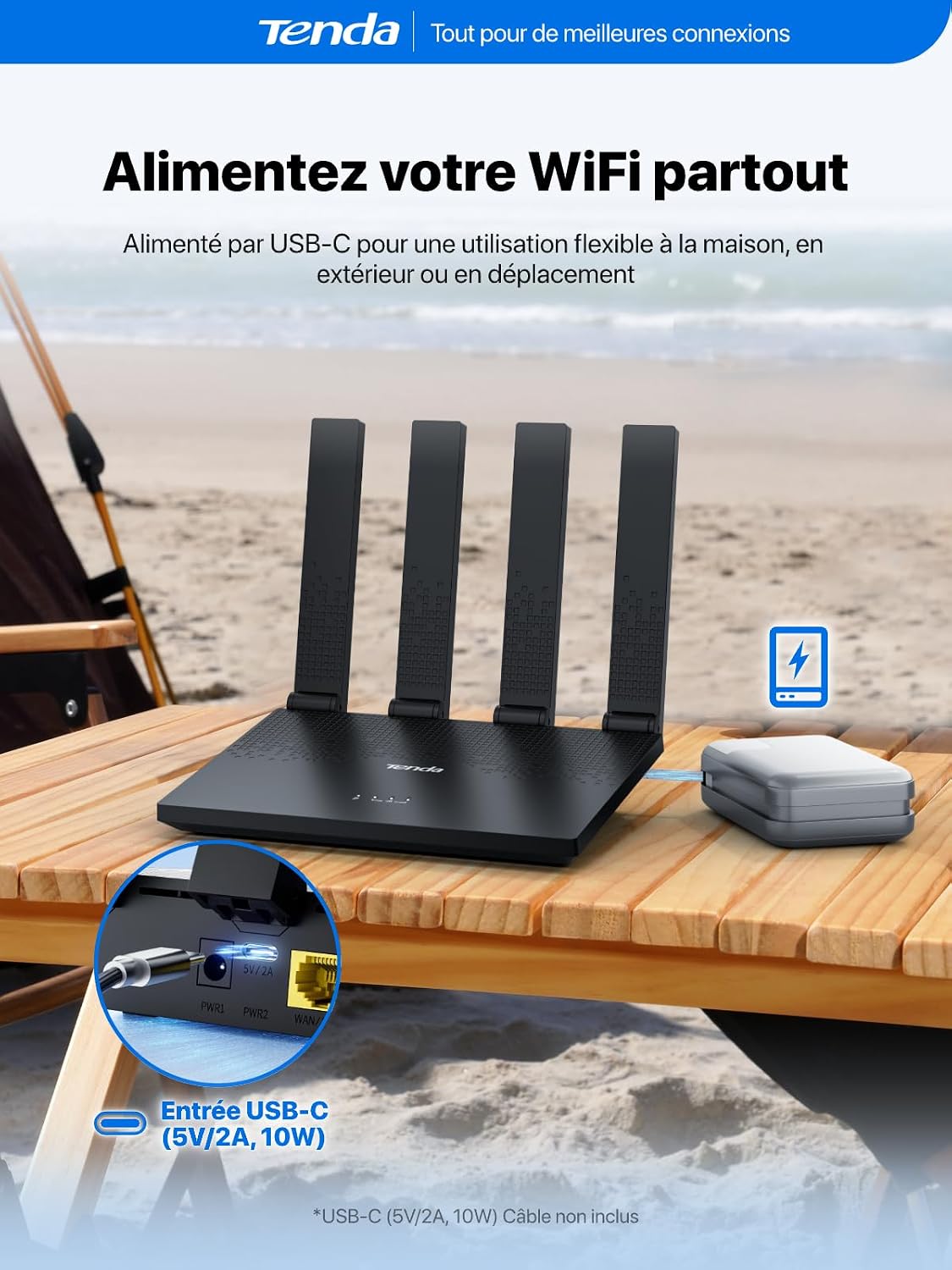 Detalle de Tenda Routeur 4G avec Carte SIM Box N300 Pro V2.0 – 4 antennes pliables, USB-C, LAN/WAN, plug&play