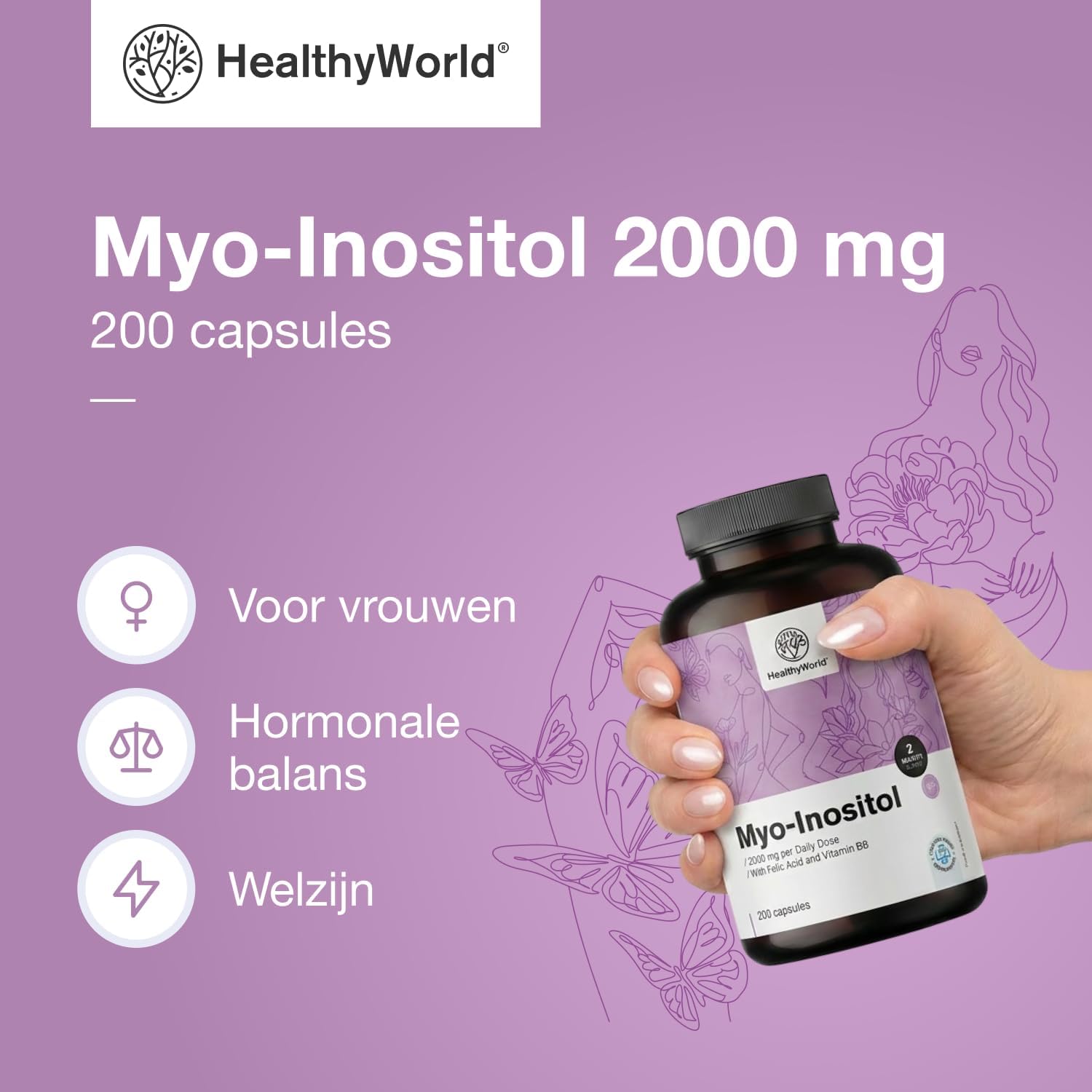 Detalle de HealthyWorld Myo-Inositol 2000 mg capsules met foliumzuur, B8 en B6