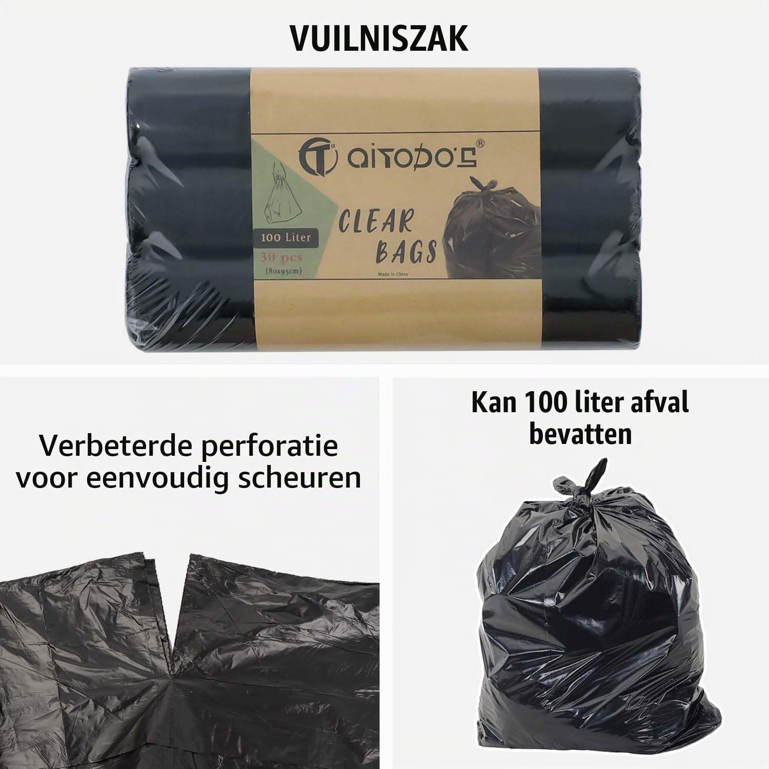 Detalle 2 de AiTodos® vuilniszakken 100 liter, 95 x 80 cm, zwart PE met trekband
