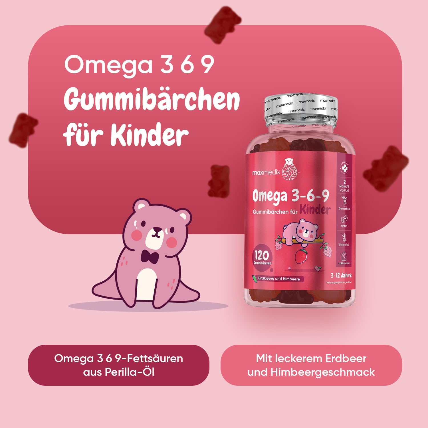 Thumbnail 1 de maxmedix Omega 3 6 9 Gummibärchen für Kinder (120 vegane Gummies, 400 mg Perillaöl) – Erdbeere & Himbeere