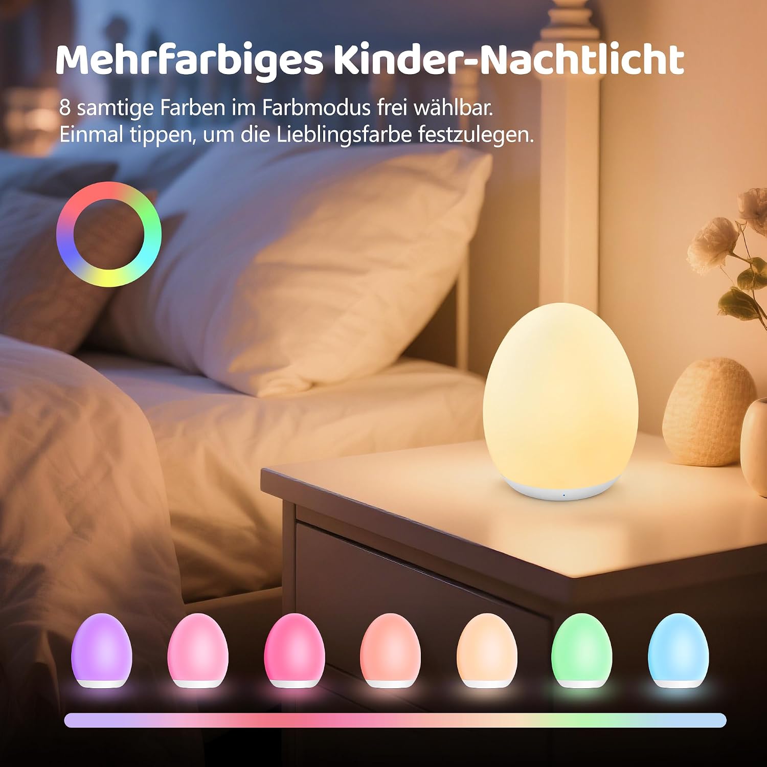 Detalle de MediAcous Nachtlicht für Kinder & Baby – dimmbares LED-Nachtlicht mit 8 Farben, Timer (1H) und Touch