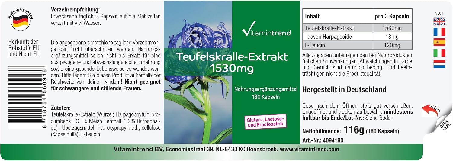 Detalle 2 de Vitamintrend Teufelskralle Hochdosiert 1530 mg Extrakt – 180 Kapseln, vegan, ohne Zusätze, in Deutschland hergestellt
