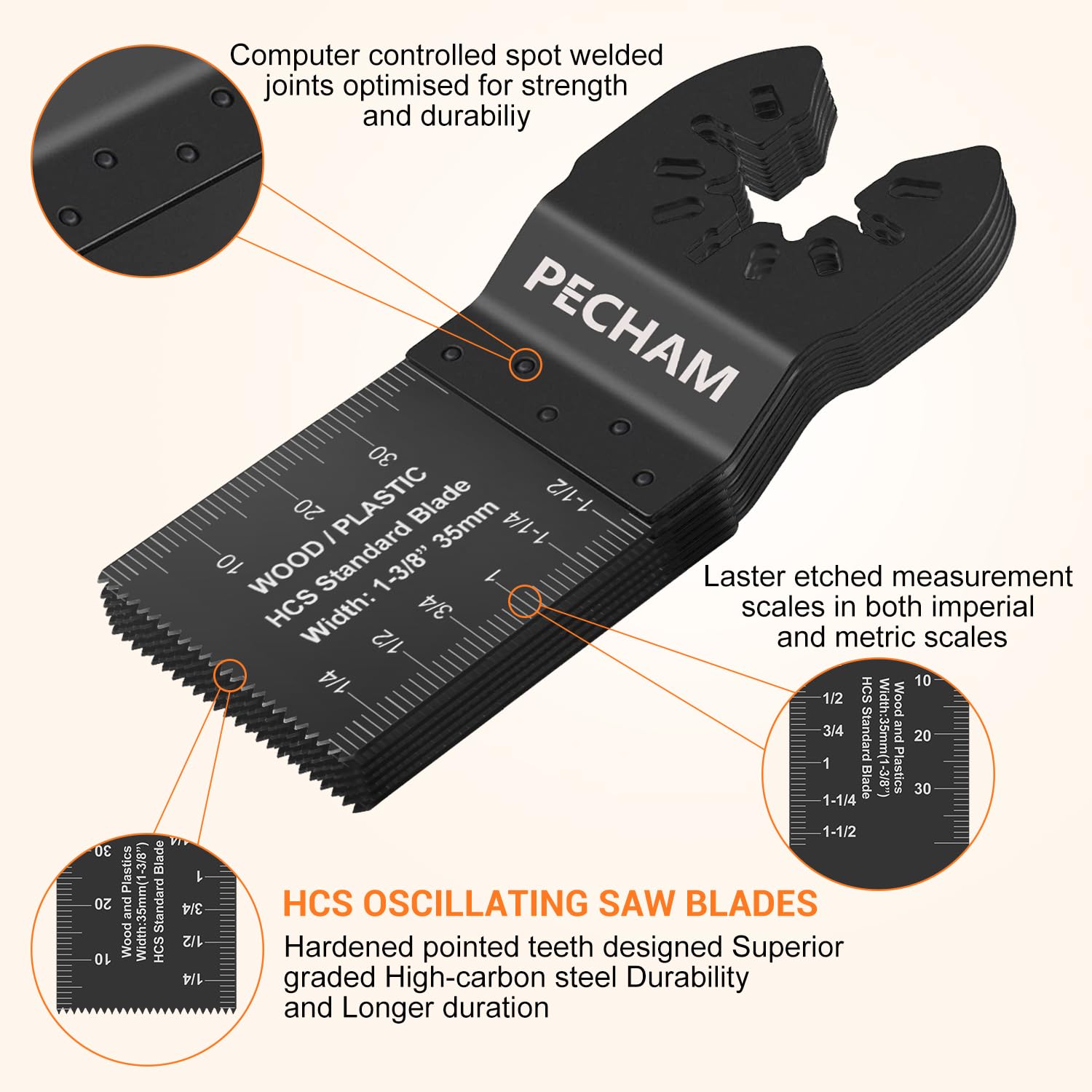 Detalle de PECHAM Tools-001 64-Piece Oscillating Multitool Blades, Titanium-Coated Teeth