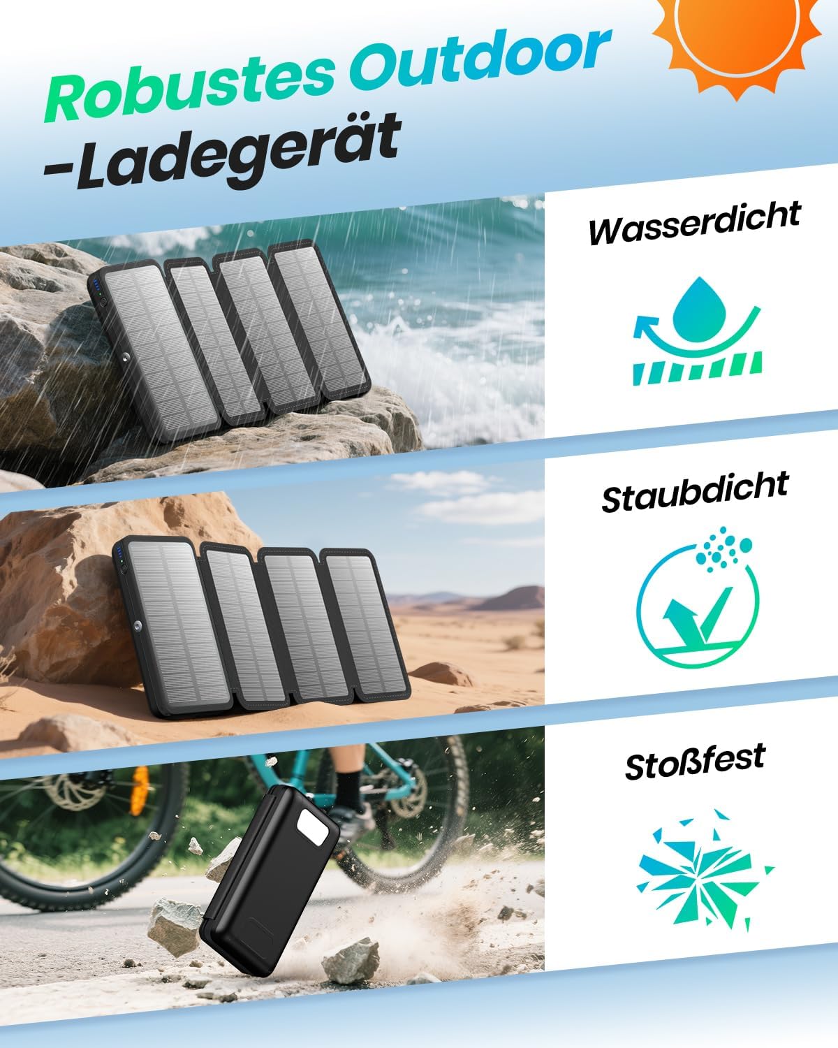 Detalle de Solar Powerbank 20000mAh – A ADDTOP Solar Ladegerät mit 22,5W Schnellladung, 4 faltbaren Solarpanels und USB-C/USB-A