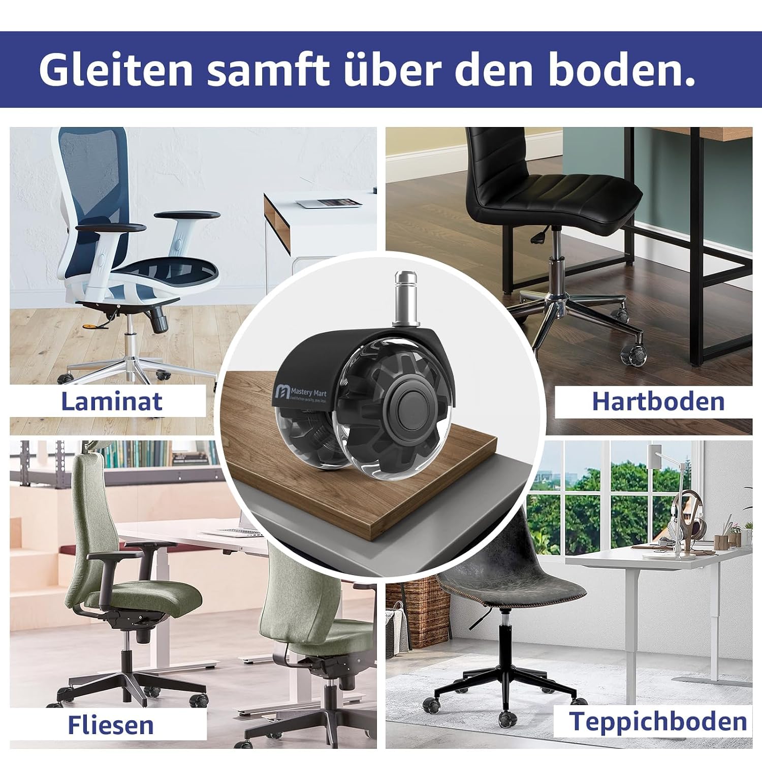Thumbnail 6 de Mastery Mart Bürostuhl Rollen 11 mm – leise Gummirollen im 5er Set (schwarz) für Hartböden