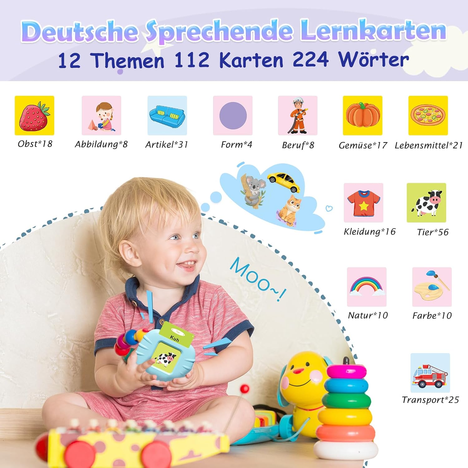 Thumbnail 1 de GUYUCOM Lernspielzeug für Kinder von 1 bis 6 Jahren – 112 doppelseitige Lernkarten mit 224 Wörtern, hörbar und wiederaufladbar (Blau)