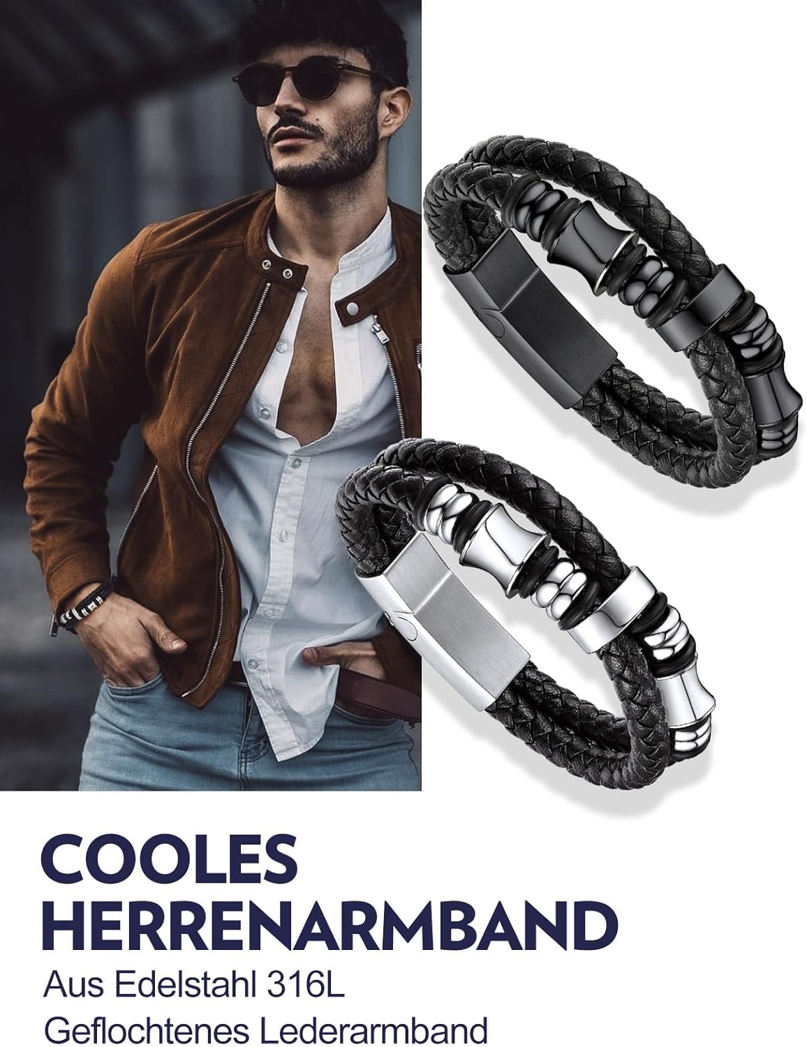 Detalle de Bandmax Herren Lederarmband Personalisiertes Mikrofaser-Leder Wickelarmband mit Magnetverschluss – 19/21/23 cm