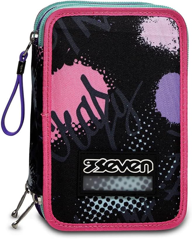 Detalle de Seven Trousse à crayons à 3 compartiments XXL Girl (12,5 x 20 x 7 cm) avec stylos et fournitures