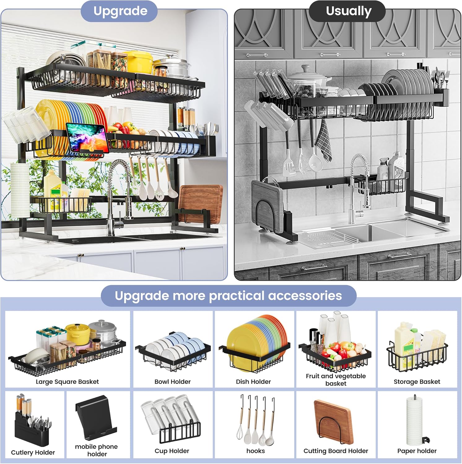 Thumbnail 4 de ADBIU Over The Sink Dish Drying Rack (Expandable Height & Length) Snap-On 2-Tier Dish Rack