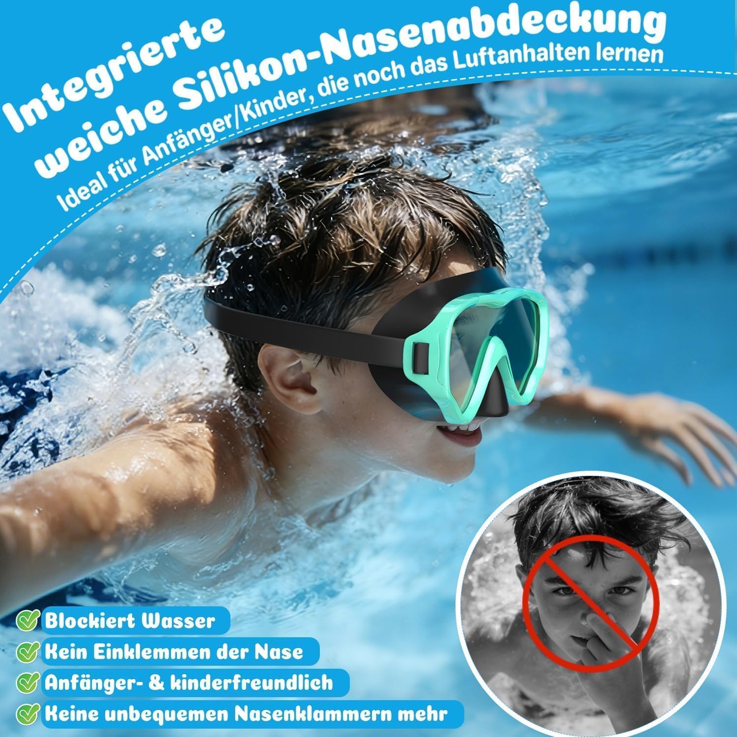 Detalle de COOLOO Kinder-Schnorchelmaske mit 180° Panorama, Anti-Nebel, Nasenabdeckung und Quick-Release