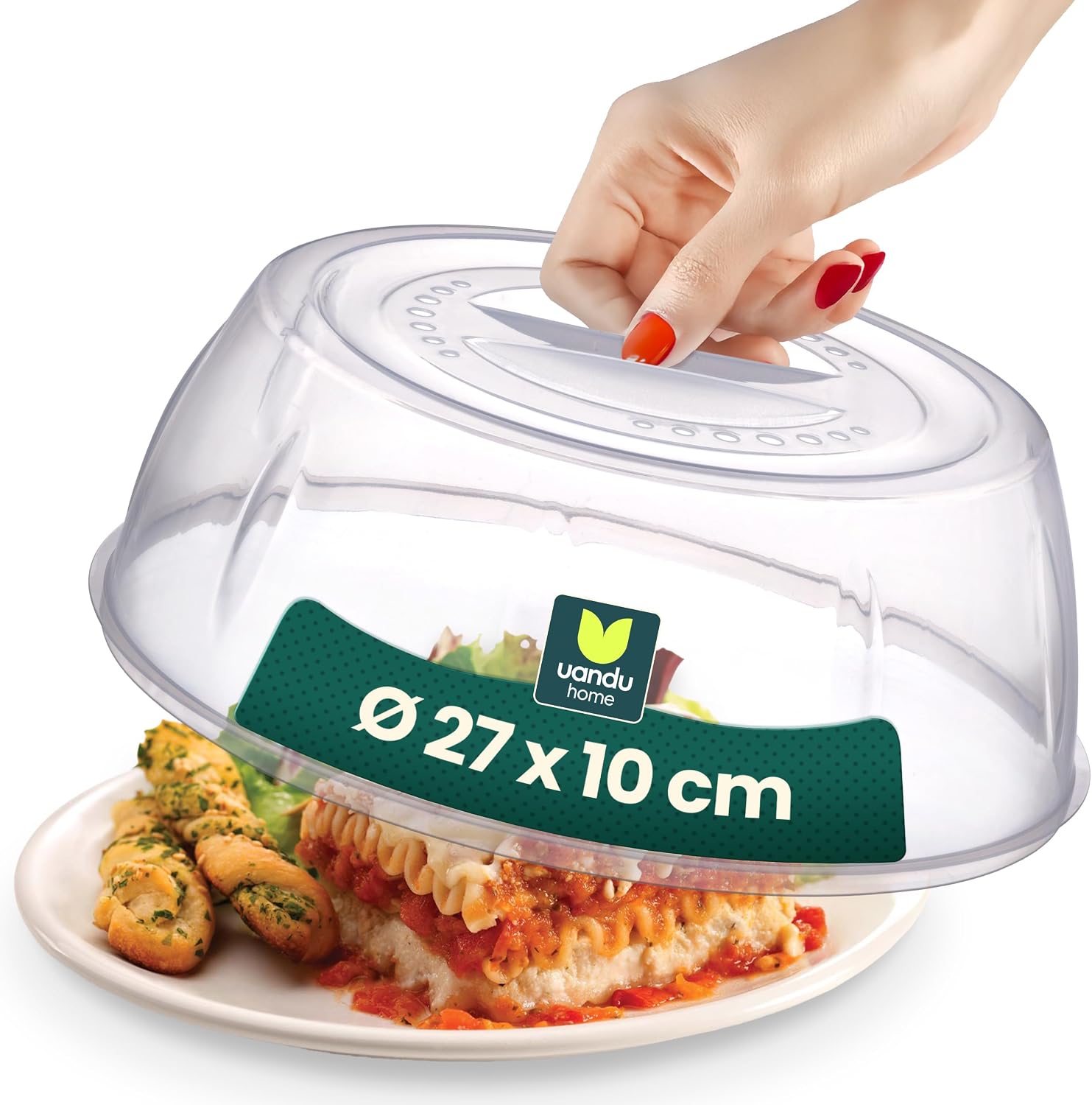 Detalle de uandu Mikrowellen Abdeckung Ø 27 cm – Mikrowellenhaube mit Griff, Spritzschutz, BPA-frei