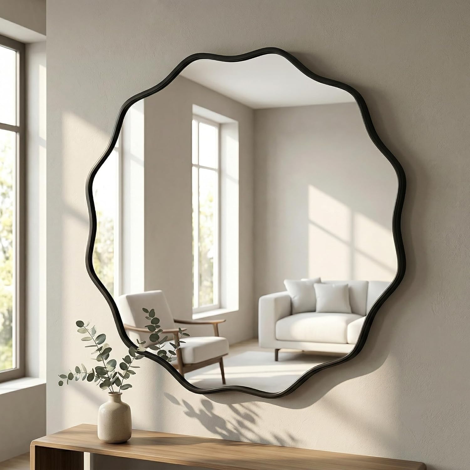 Detalle 2 de HARRITPURE 30" Scalloped Round Wall Mirror, Black Wavy Metal Frame
