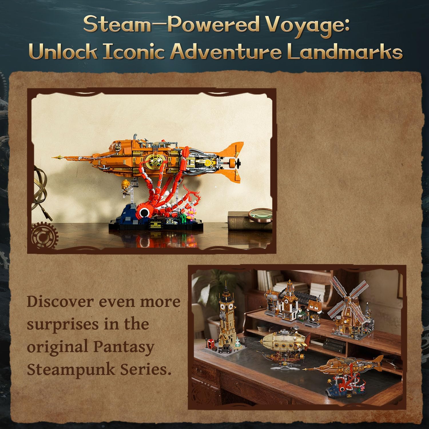 Detalle de PANTASY Steampunk Nautilus U-Boot Klemmbausteine Set – Modulares 3-Sektionen-Design mit Zahnrad-Propeller