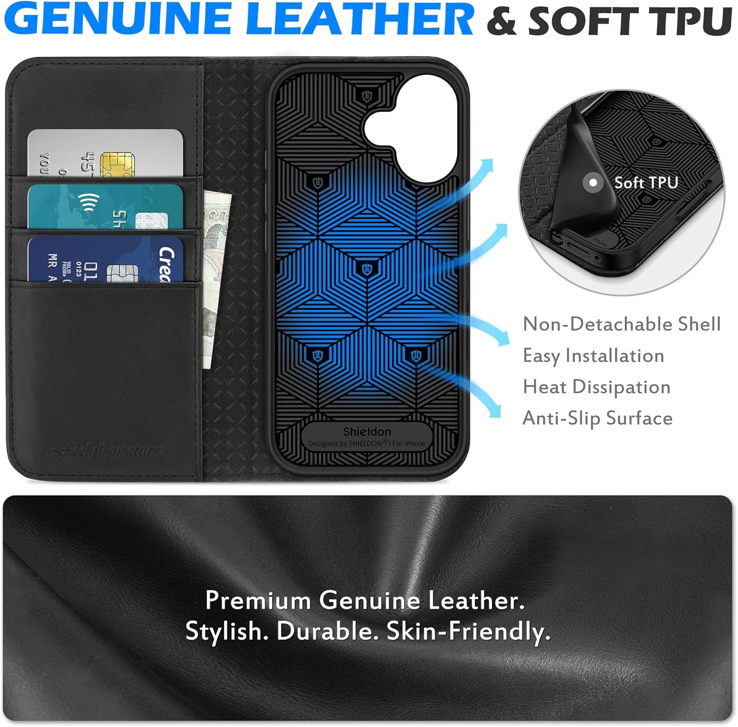 Thumbnail 2 de SHIELDON iPhone 17 leather wallet case with RFID blocking, magnetic folio & kickstand (6.3-inch, 2025) – Black