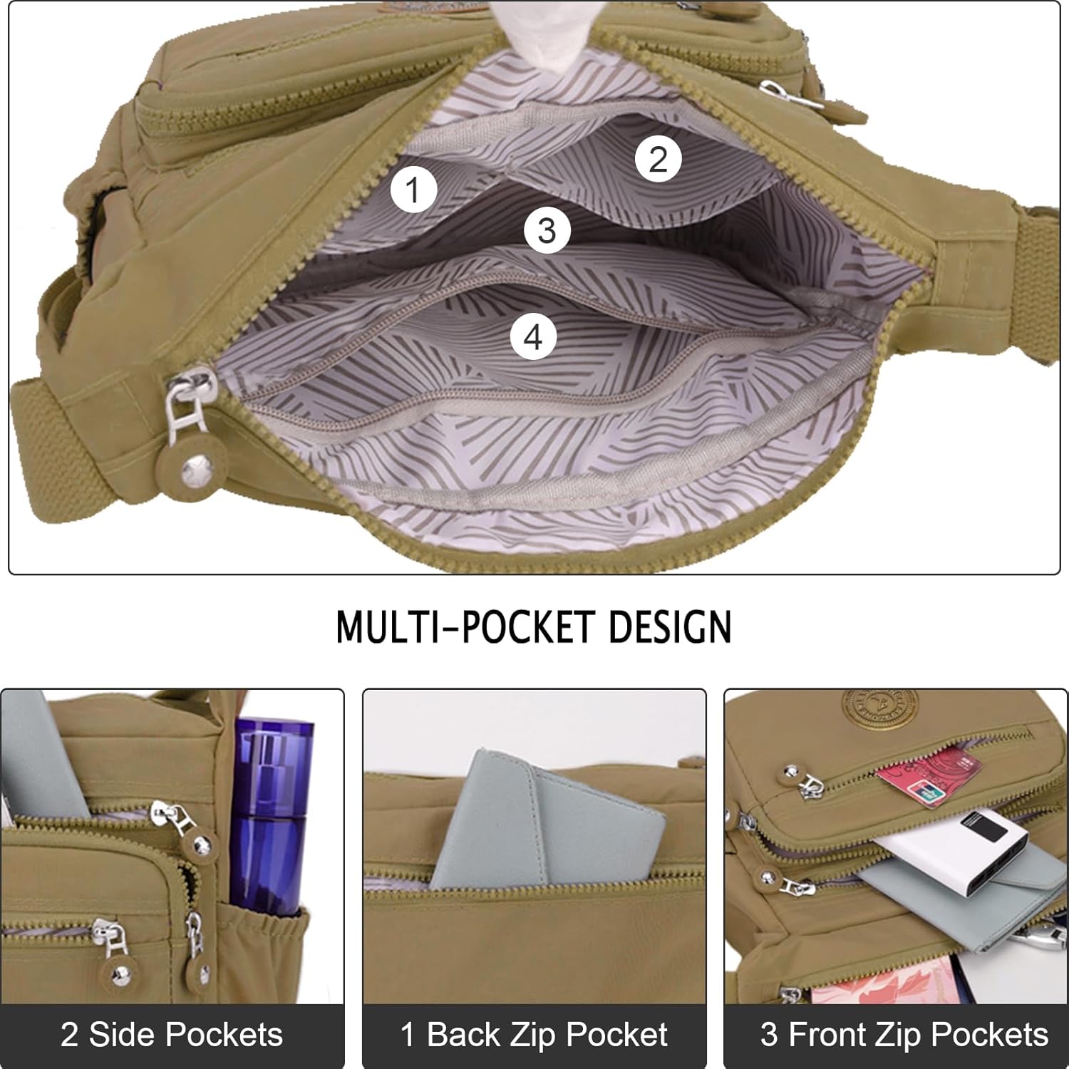 Detalle de LassZone Women's Multi-Pocket Crossbody Bag – Practical, Lightweight Nylon Day-to-Day Bag