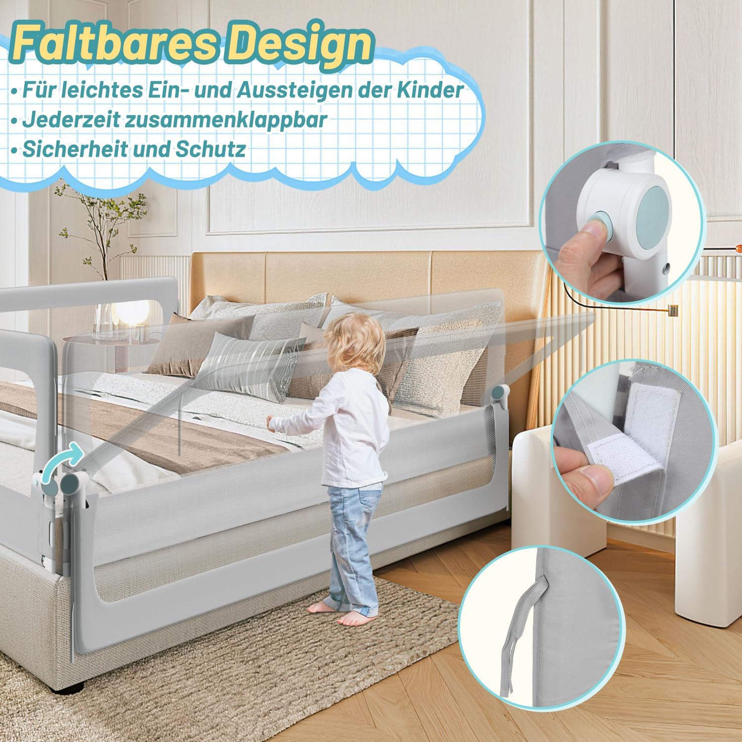 Thumbnail 2 de Tubiaz 200cm Bettgitter Rausfallschutz – höhenverstellbar, 180° Klappbar, Trapezfüße, Grau