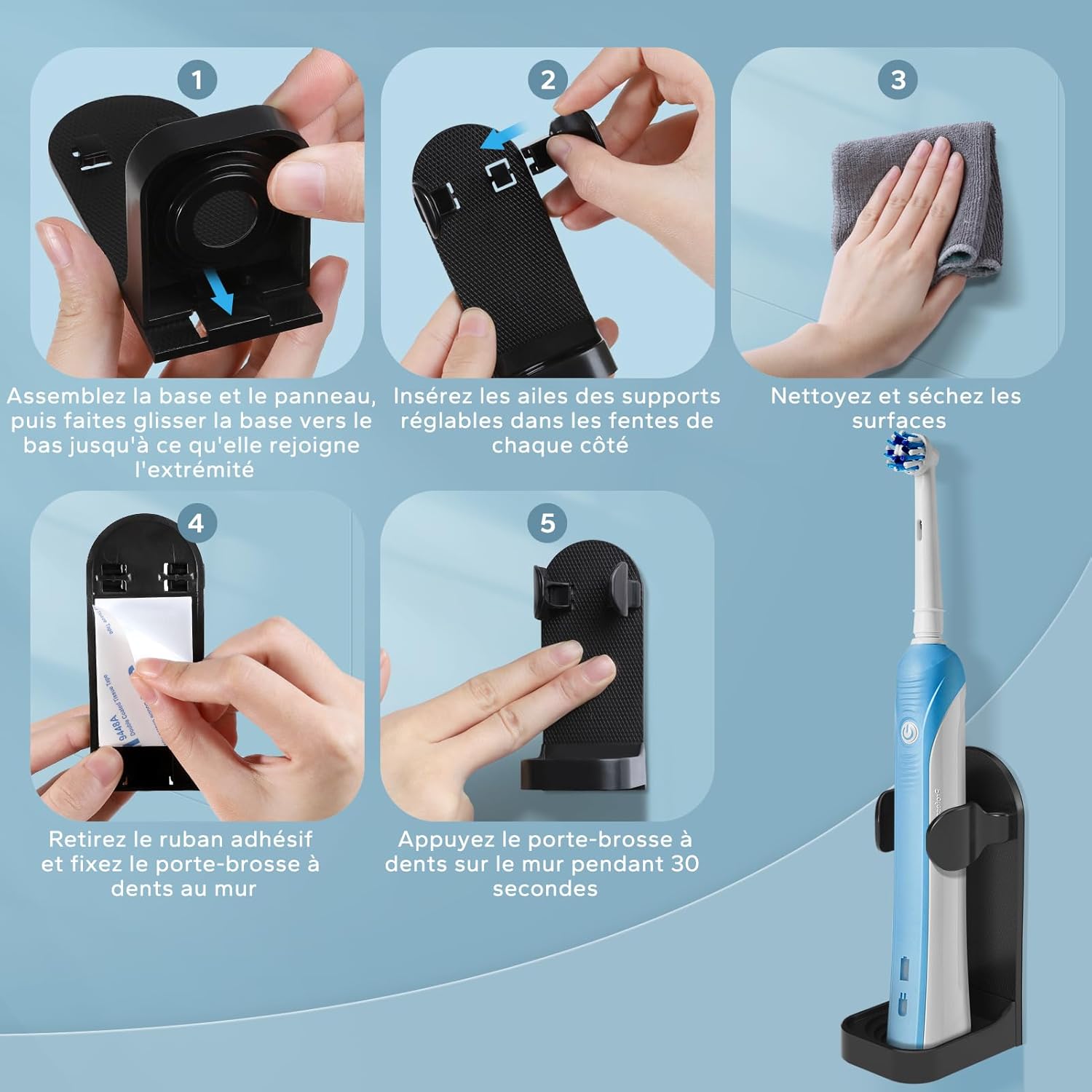 Thumbnail 6 de Support mural pour brosse à dents électrique HOMMAND (lot de 2) avec adhésif 3M, réglable, noir