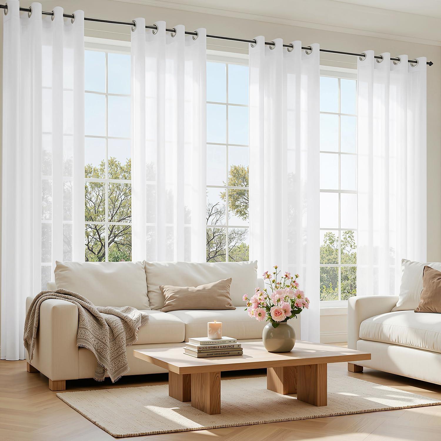 Thumbnail 6 de EMEMA 2er-Set Sheer-Voile-Schiebegardinen mit Ösen, transparent, 140 x 225 cm, weiß