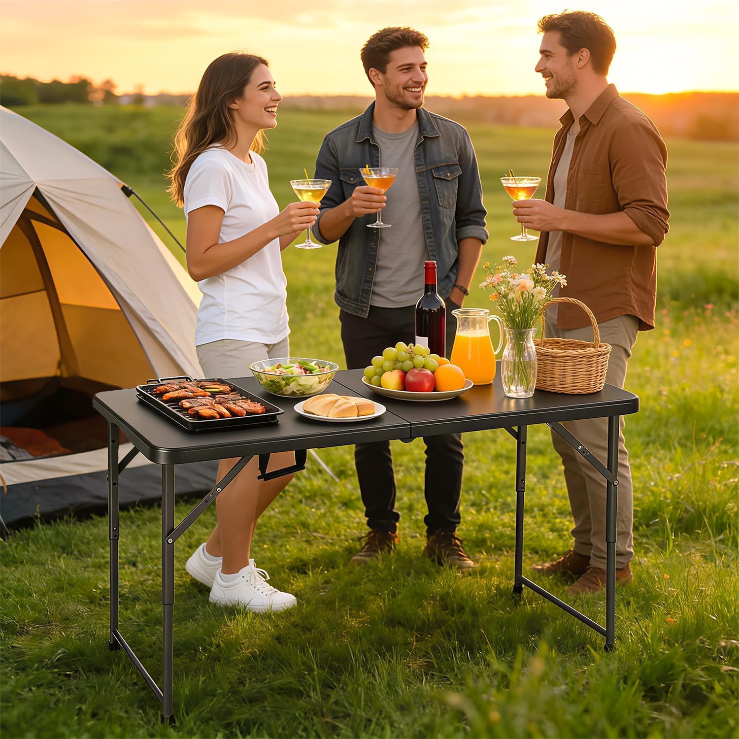 Detalle de FDW 4FT Folding Table, Black Plastic Picnic Table with Carry Handle