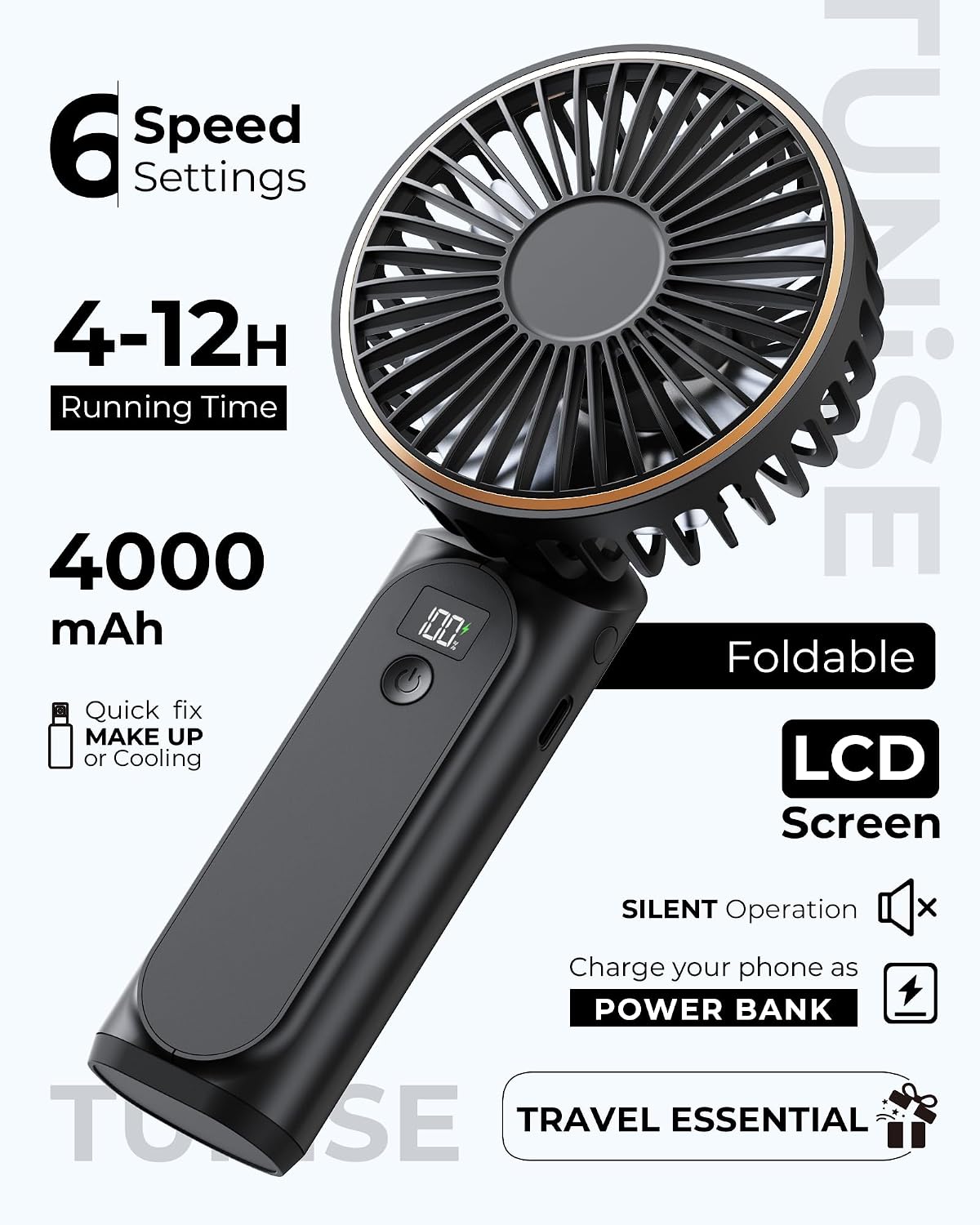 Detalle 2 de TUNISE TUNISE Portable Handheld Fan (Rechargeable, 4000mAh, 6 Speeds, Quiet Under 15 dB) with Real-Time Battery Display