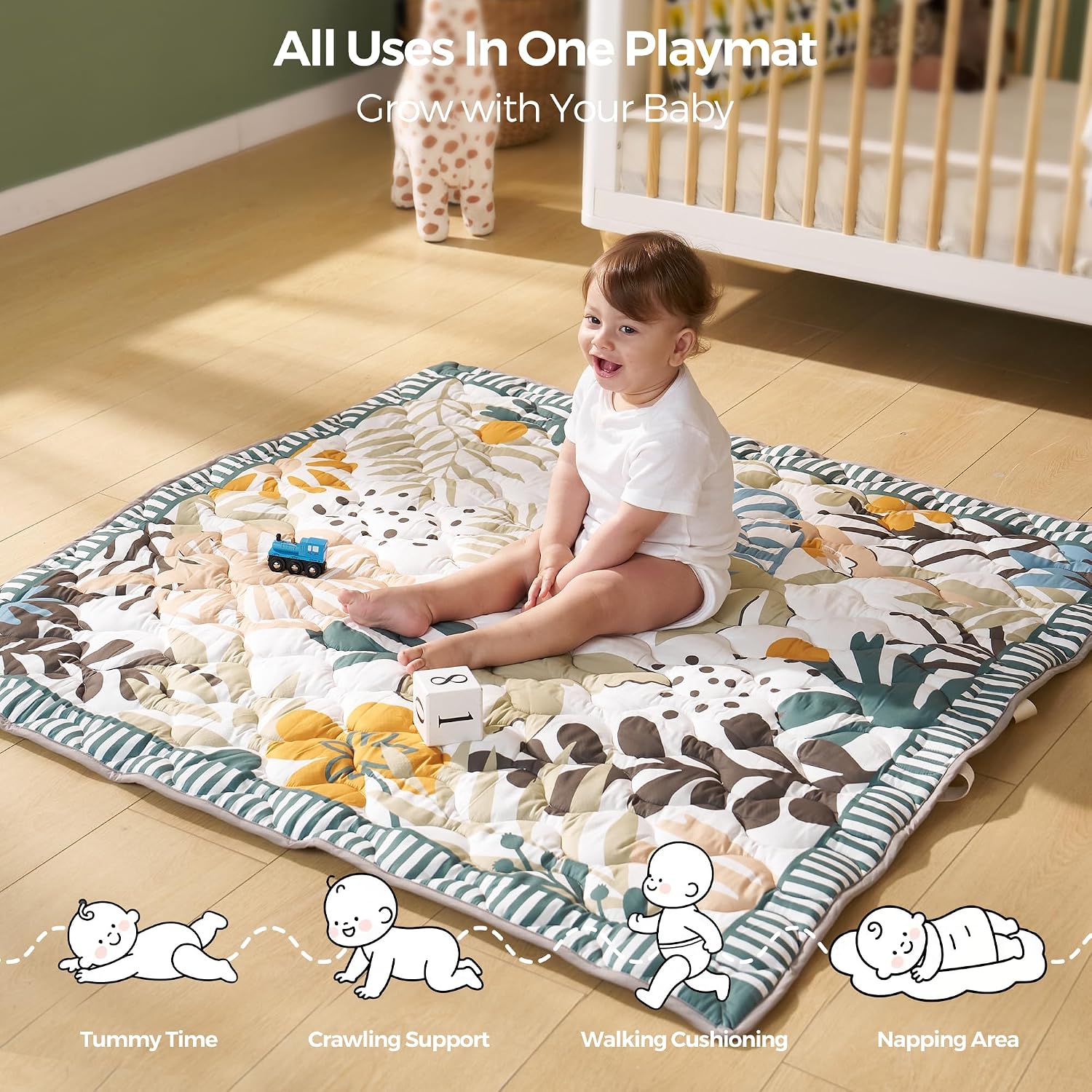 Detalle de momcozy Baby Play Mat for Floor (127 x 127cm) – thickened, waterproof, non-slip foldable playpen mat in Forest World