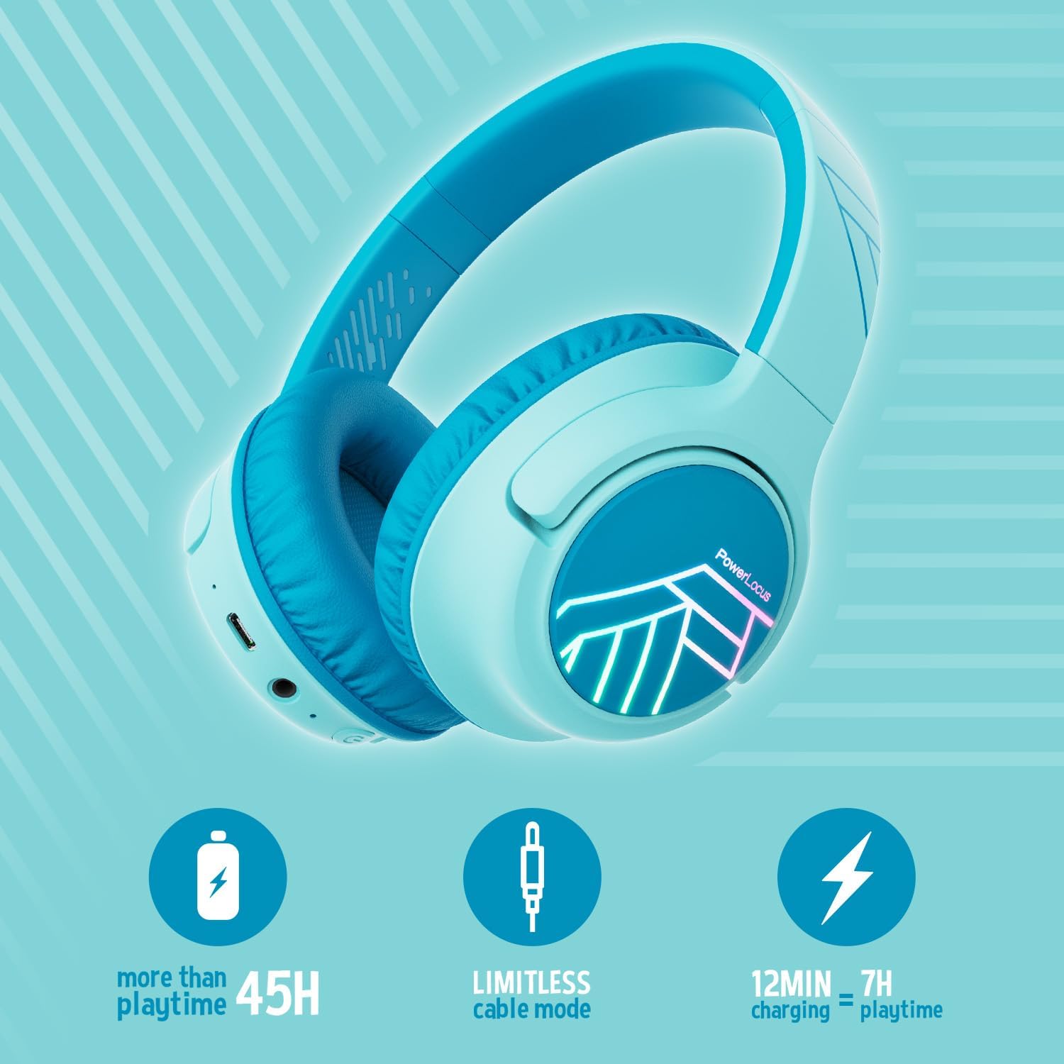 Detalle 2 de PowerLocus Kids Wireless Headphones with LED Lights, Bluetooth 5.3 and Volume-Limited Modes