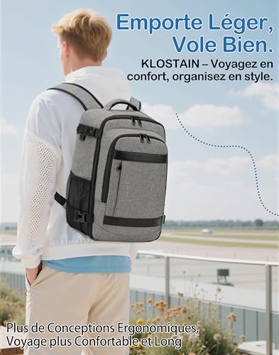 Detalle de KLOSTAIN Sac à Dos Voyage Cabine Avion 45x36x20 - 30L pour EasyJet, Noir Gris Mélangé, ordinateur 14 pouces