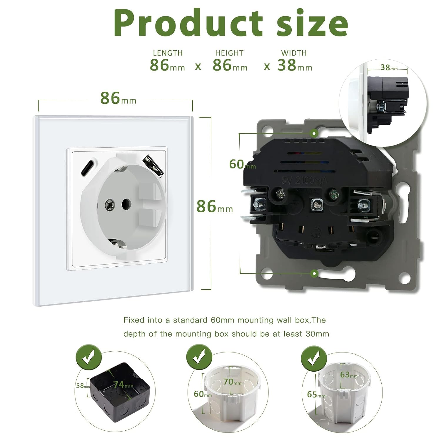 Thumbnail 5 de BSEED Schuko Unterputzsteckdose mit Dual-USB und USB-C (16 A) – Typ C, 86 mm, weiß