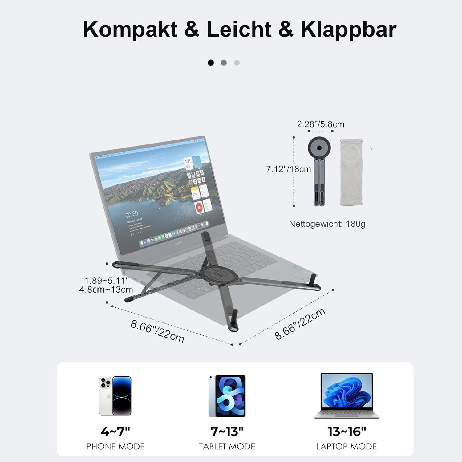 Thumbnail 6 de Magnetischer 3-in-1 Laptopständer & Tablet-Ständer aus Aluminium – kompakt, flexibel und reisefreundlich (Dunkelblau)