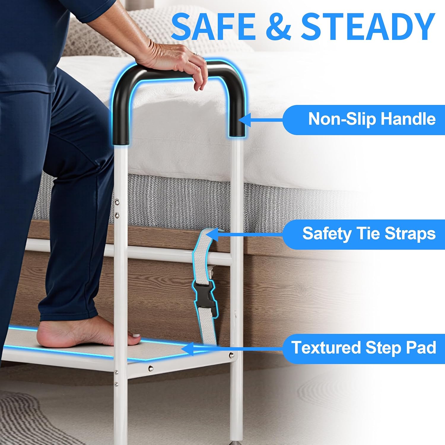Detalle de Josmimic Bed Step Stool for Adults — Safe, Secure Bedside Steps with LED Light