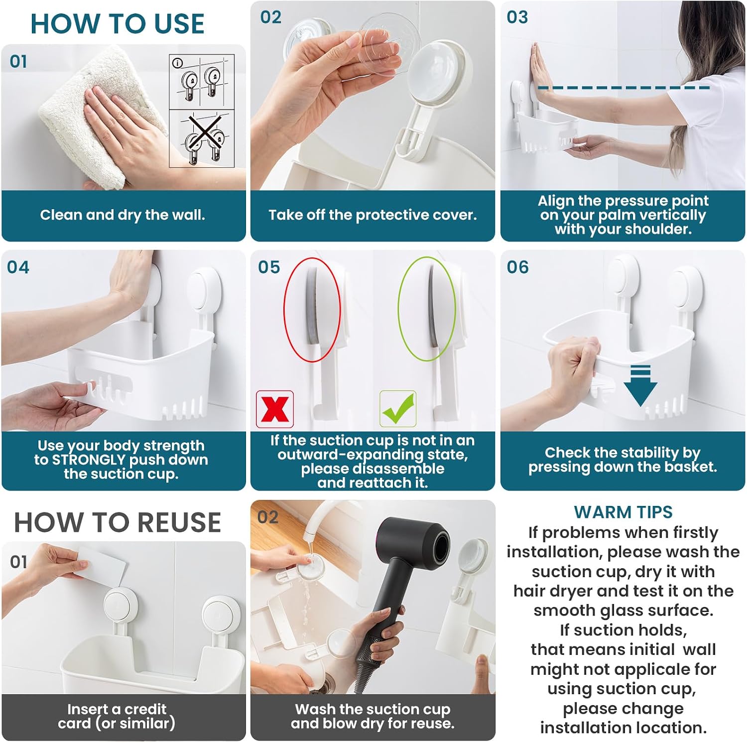 Thumbnail 6 de TAILI Shower Caddy Suction Cup 2 Pack Heavy-Duty Bathroom Shower Organiser, White