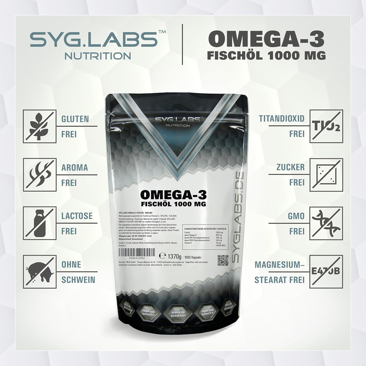 Thumbnail 4 de Syglabs Omega 3 Fischöl 1000mg – 1000 Kapseln, 2000mg Tagesdosis, 360mg EPA / 240mg DHA