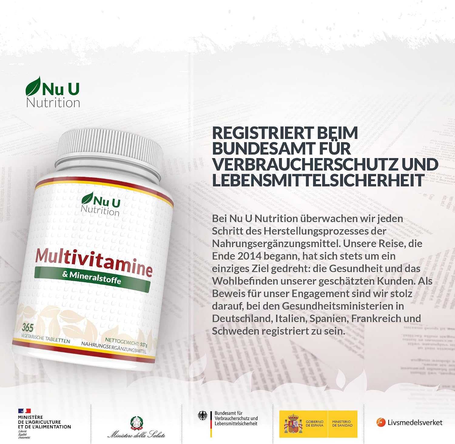 Detalle 2 de Nu U Nutrition Multivitamin & Mineralstoffe A–Z – 365 vegetarische Tabletten (A–Z, 25 Nährstoffe pro Tablette)