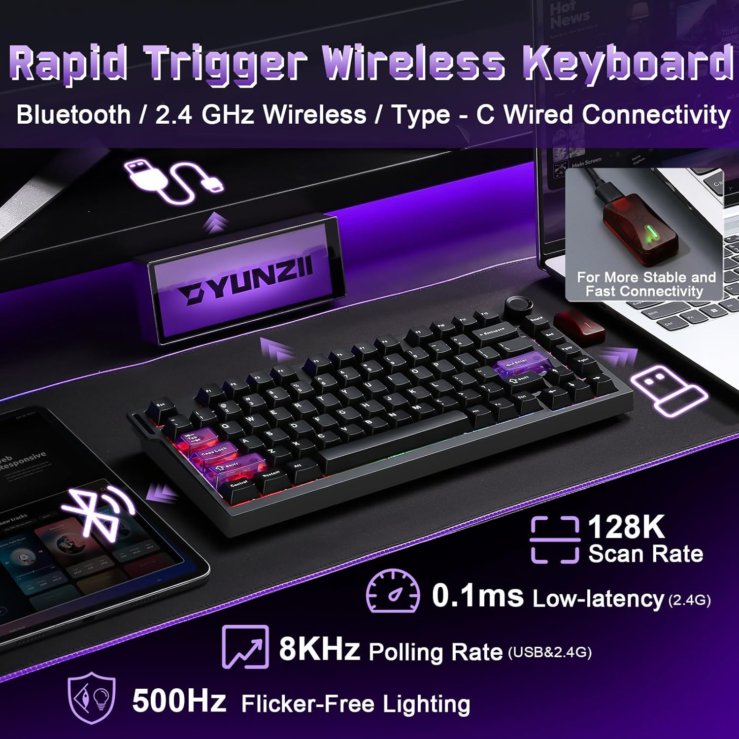 Detalle de YUNZII RT75 PRO Drahtlose Gaming-Tastatur mit Hall-Effekt und Magnetic Red Switch