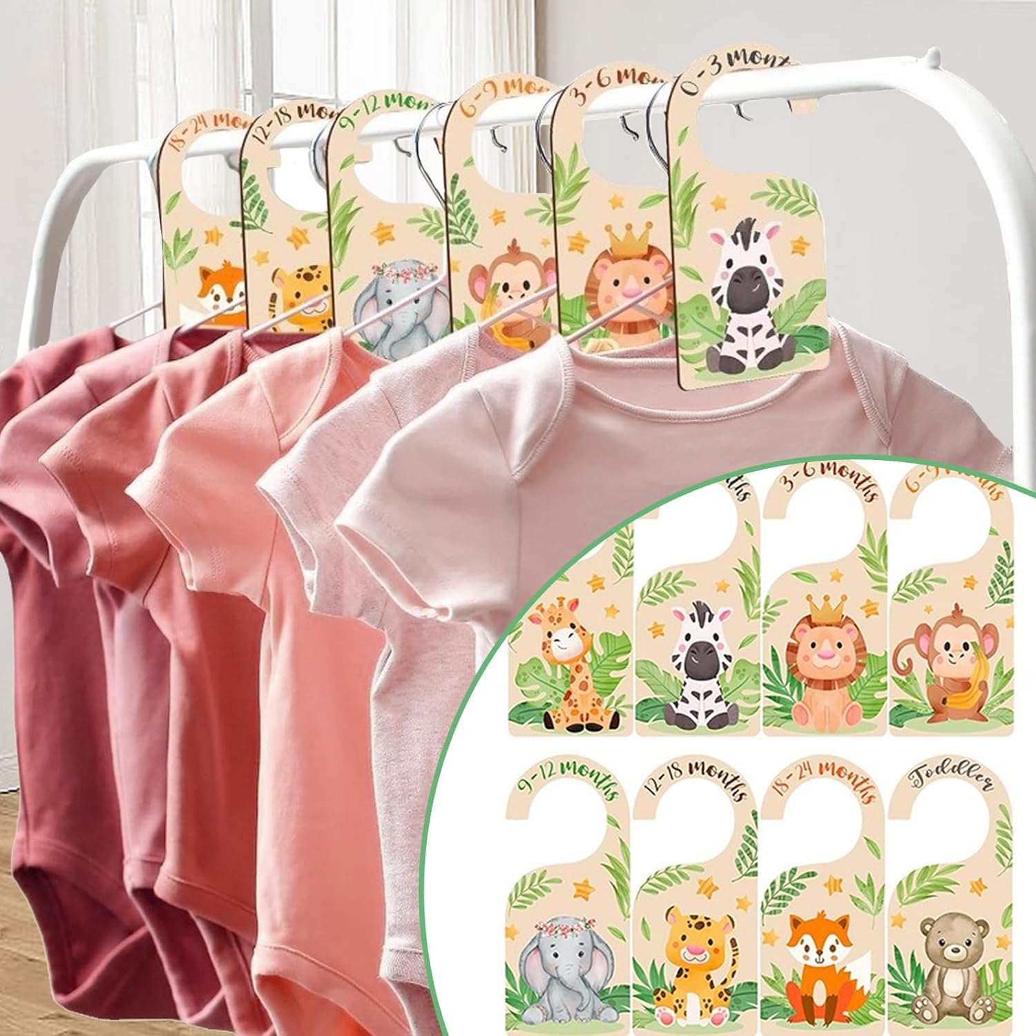 Thumbnail 5 de 8Pcs Baby Wardrobe Dividers (Wood) – Cartoon Animal Double-Sided Age Hangers for 0–24 Months & Toddlers