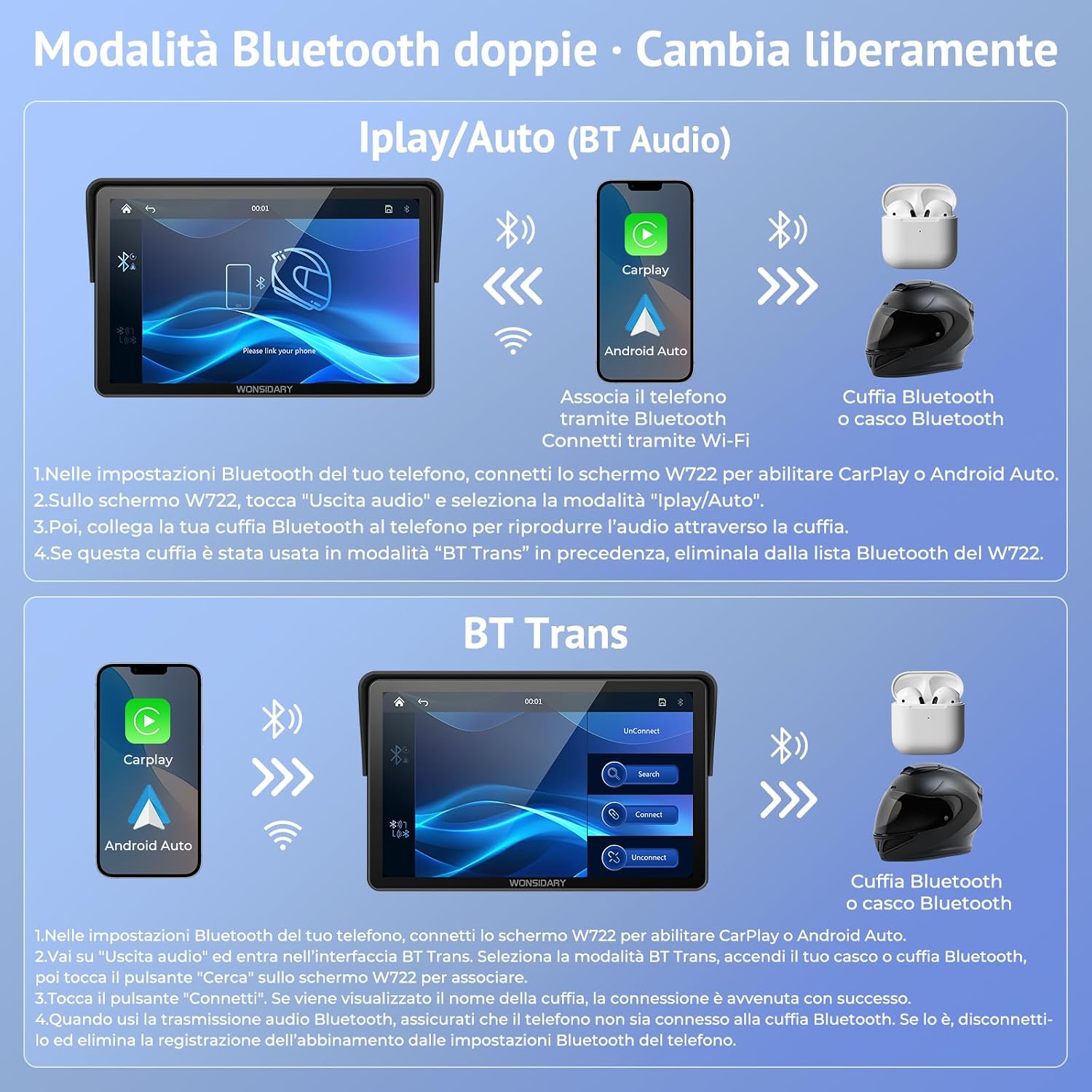Detalle 2 de Wonsidary W722 CarPlay per moto 7 pollici