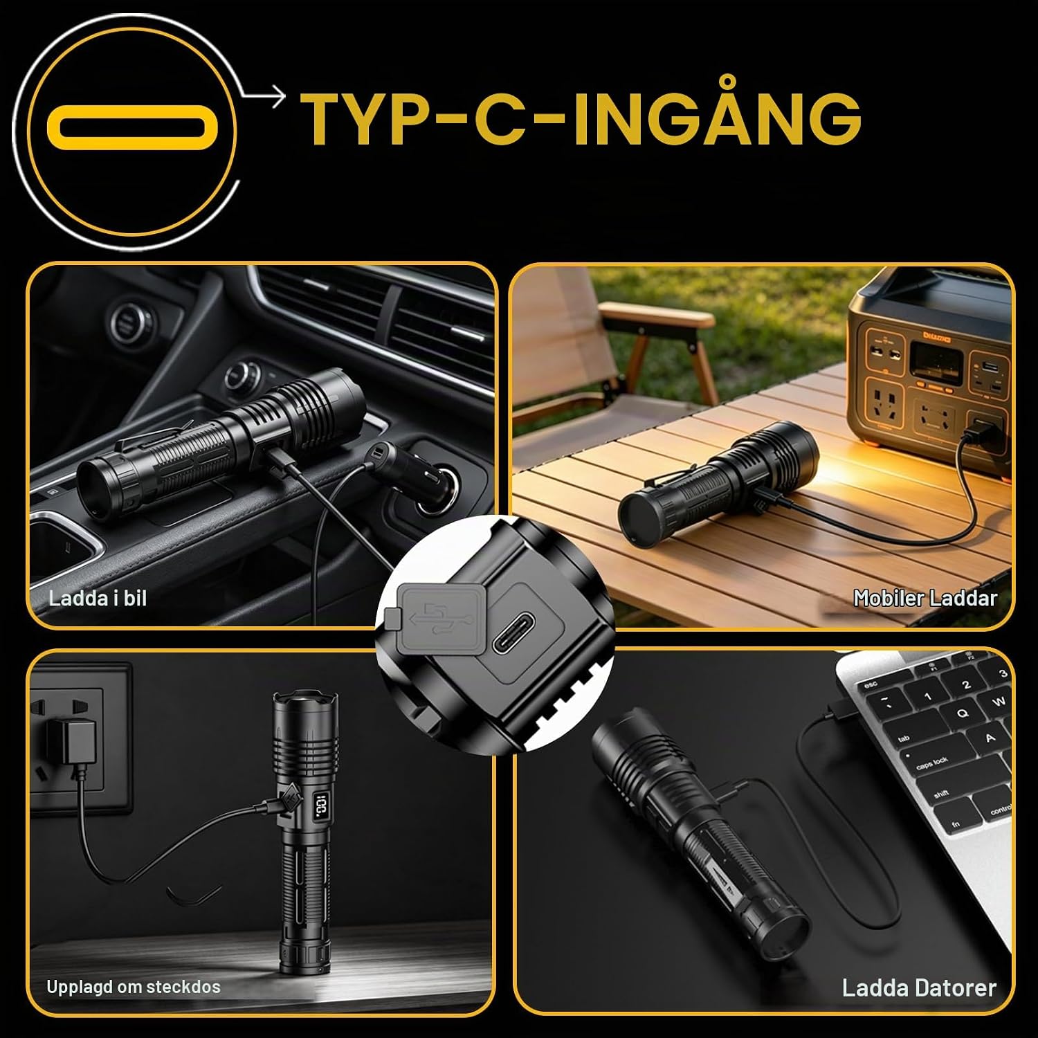 Detalle 1 de BEYSTE SA5221 uppladdningsbar ficklampa i aluminium med USB-C och zoom