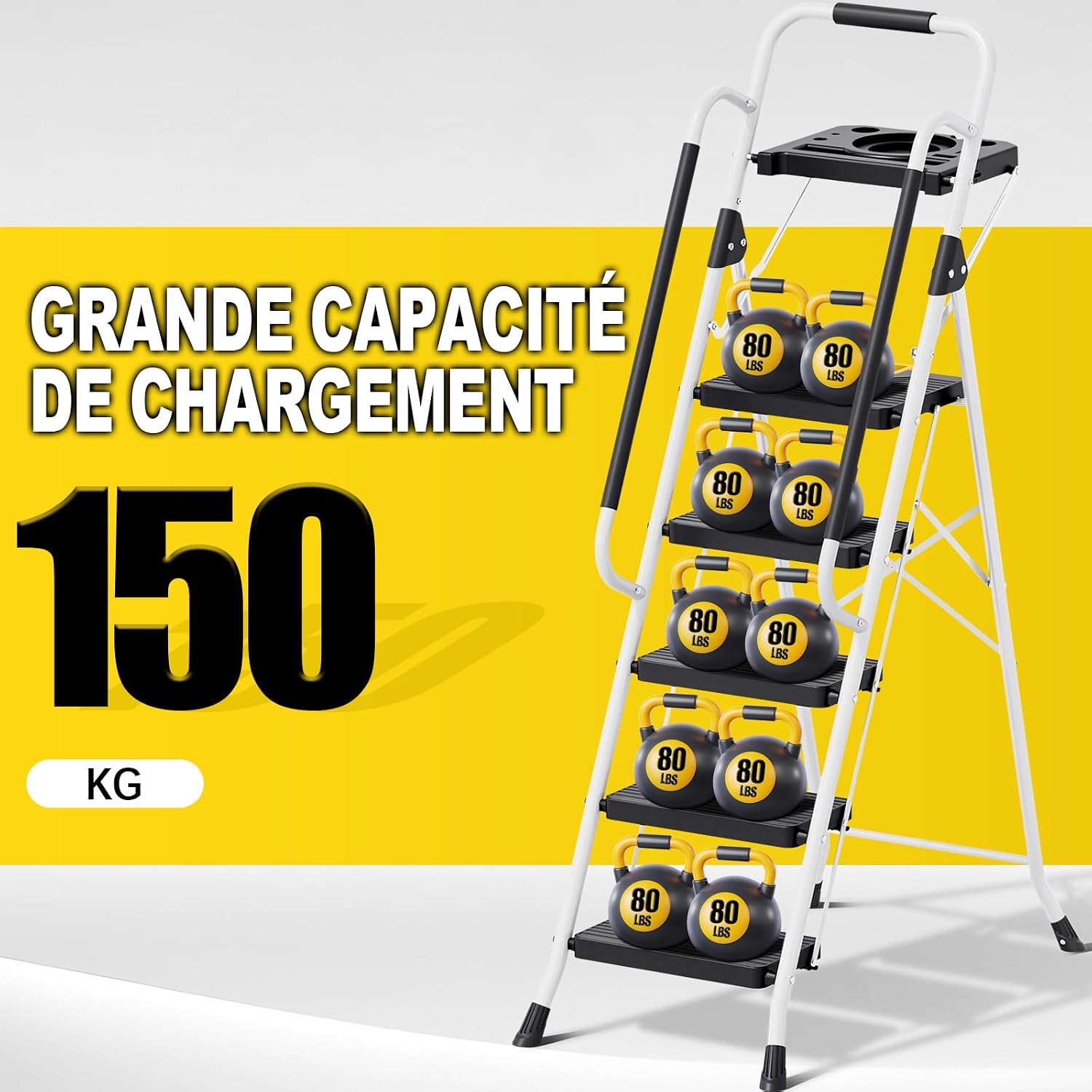 Detalle de KINGRACK Escabeau Pliable 5 marches – Charge maximale 150 kg, acier résistant, sécurité renforcée