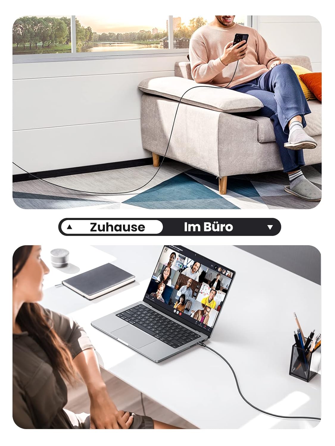 Detalle 2 de UGREEN USB‑C Kabel 60 W (PD 3.0 / PPS) – 2er‑Set USB‑C auf USB‑C, bis 480 Mbit/s, für iPhone, iPad, MacBook & mehr