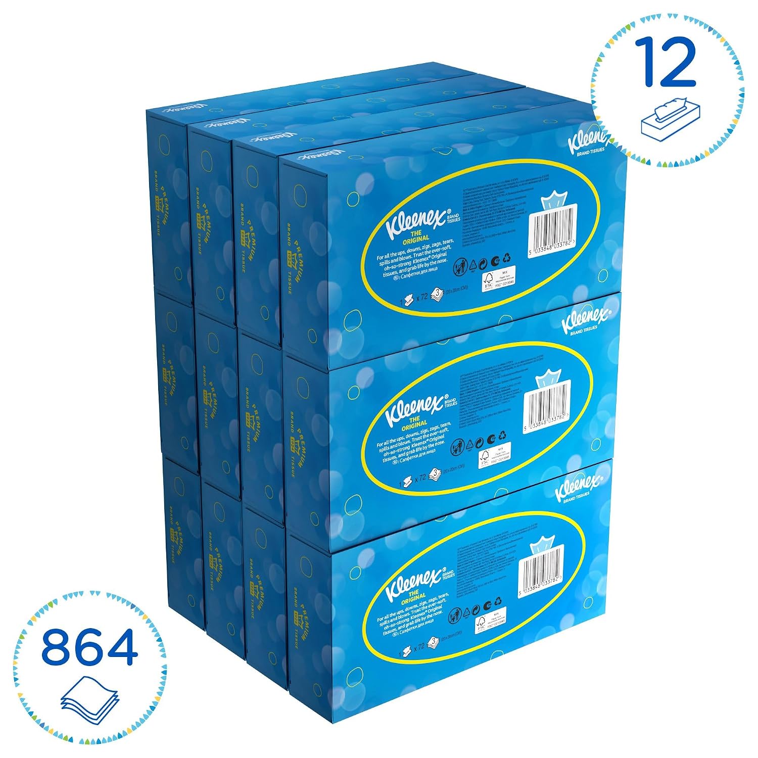 Detalle de Kleenex Kosmetiktücher in Taschentücher Box – 3-lagig, parfümfrei, dermatologisch getestet (864 Taschentücher, FSC-zertifiziert)