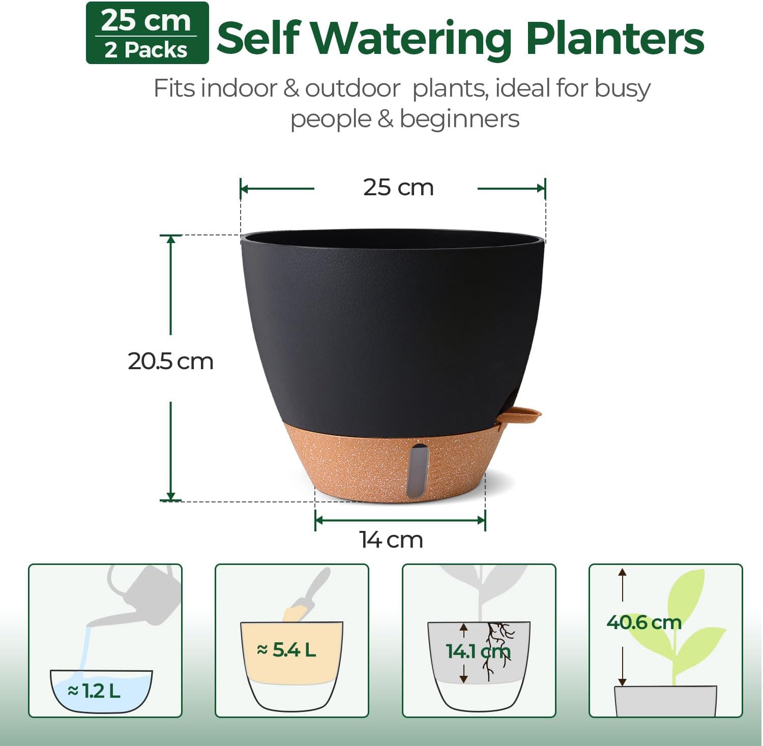 Thumbnail 2 de T4U 25cm Self Watering Plant Pots (2 Pack) with Water Level Indicator & Deep Reservoir, Black