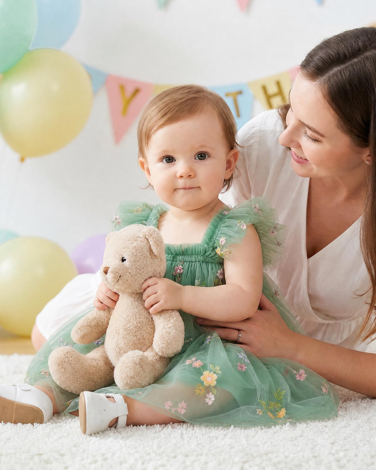 Detalle de DivingBirds mouwloze tulejurk voor babymeisjes met vlinder- en bloemenmotief