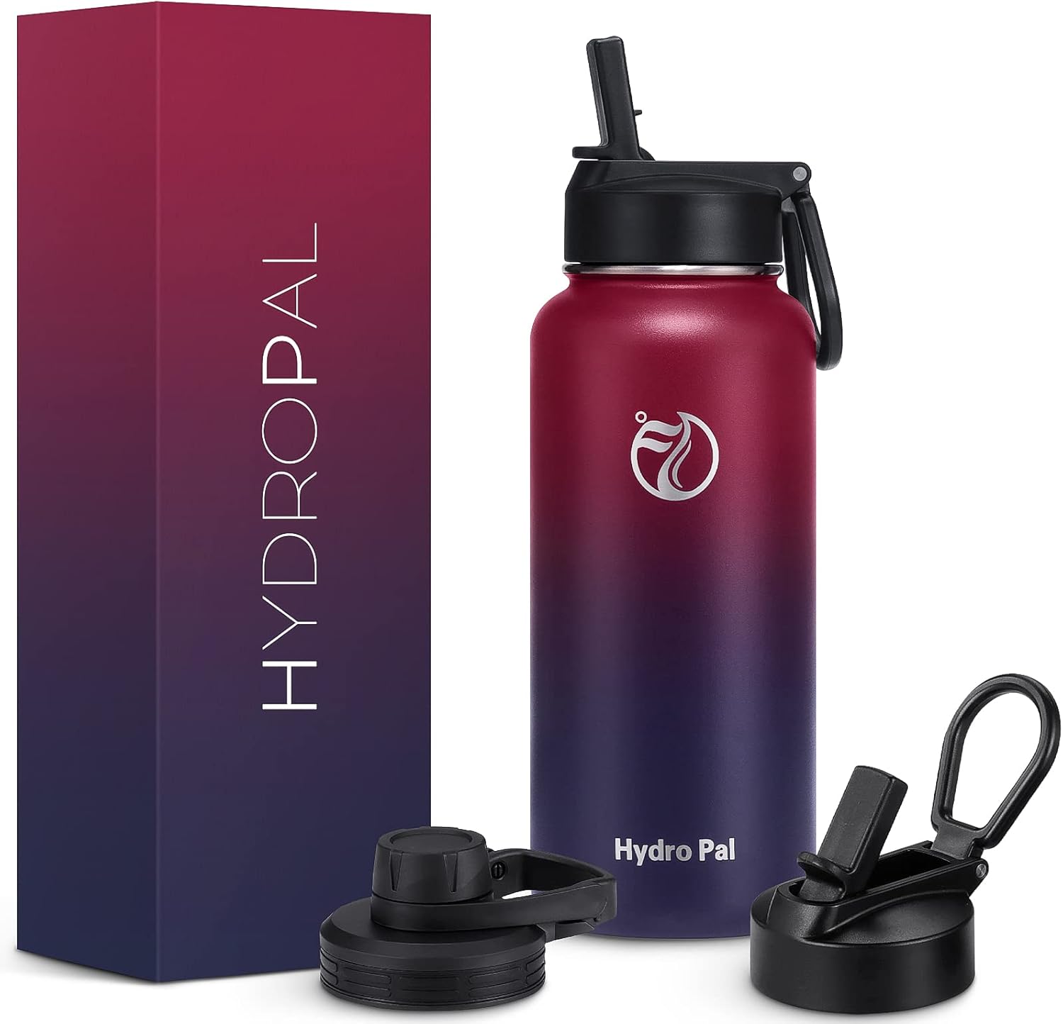 HydroPal Edelstahl-Trinkflasche (500 ml bis 1,9 L) mit Strohhalm & 2 Deckeln, BPA-frei, kohlensäuregeeignet
