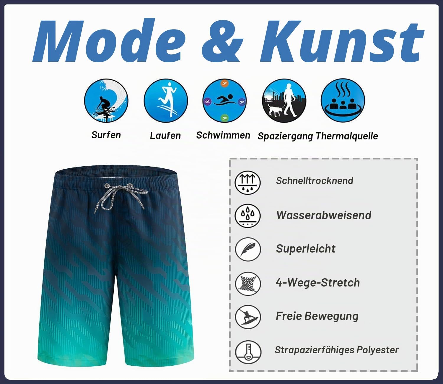 Detalle de APTRO Herren Badehose Lang – Schnelltrocknende Boardshorts mit Innenslip, 9 Zoll Schrittlänge
