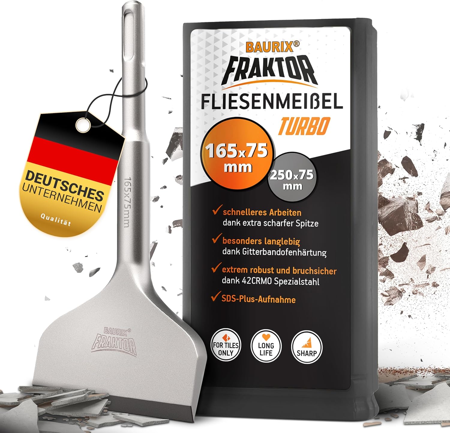 Thumbnail 6 de BAURIX Burin carrelage SDS Plus [250 x 75 mm] – FRAKTOR, acier 42CrMo, coupe ultra efficace
