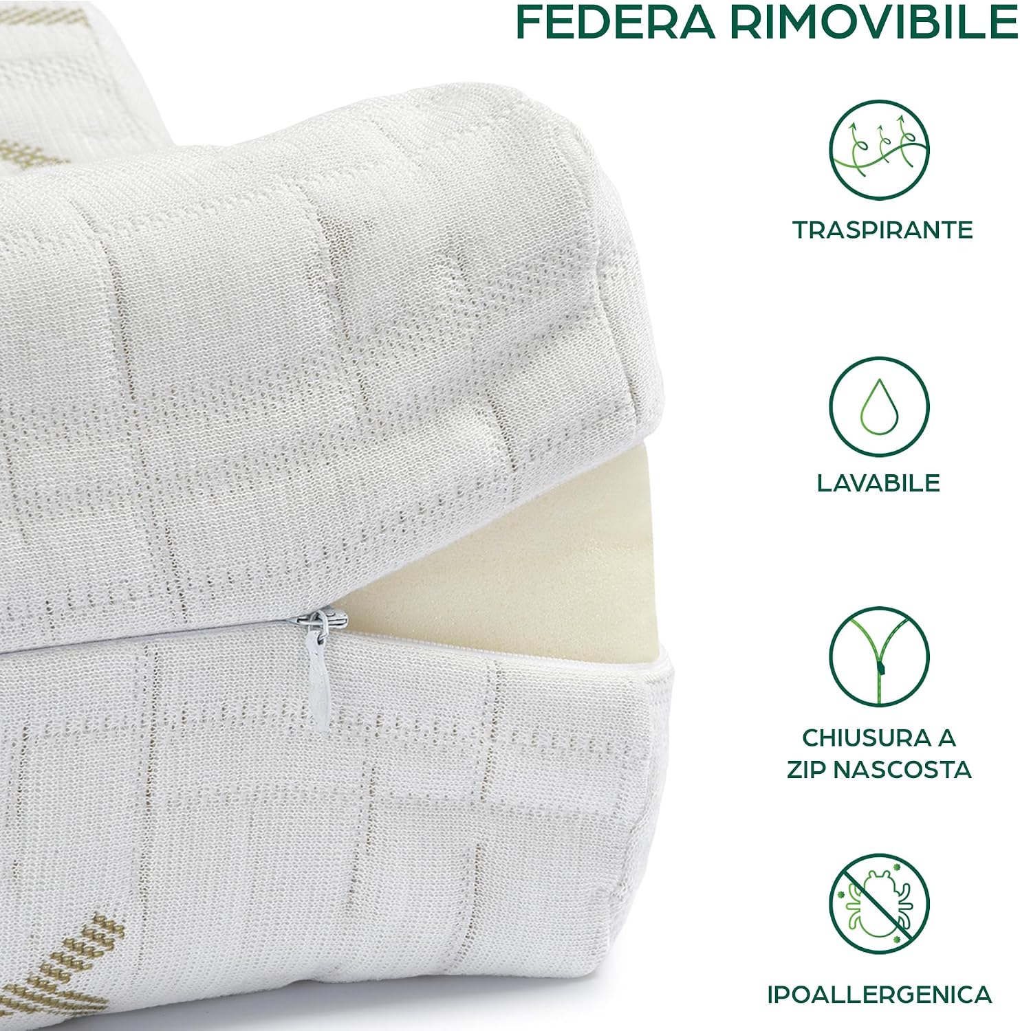 Detalle de Cuscino per gambe e ginocchia Flowen in memory foam e bambù, supporto ortopedico lombare sfoderabile